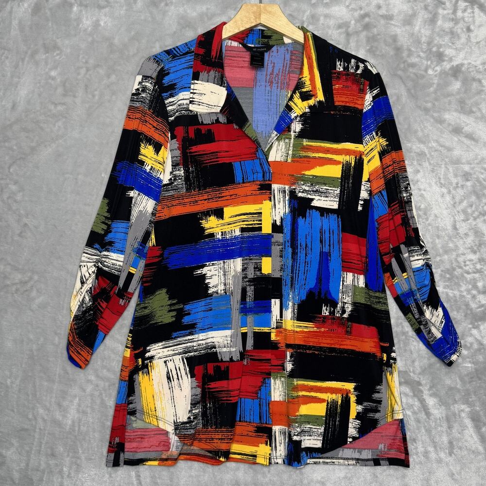 Ali Miles Top Womens Large Abstract Art Print Tunic Stretch V Neck 3/4 Ruched